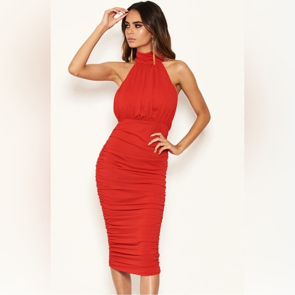 AX Paris Vibrant Red High-Neck Sleeveless Ruched Midi Dress. Size-4 Bold Glam